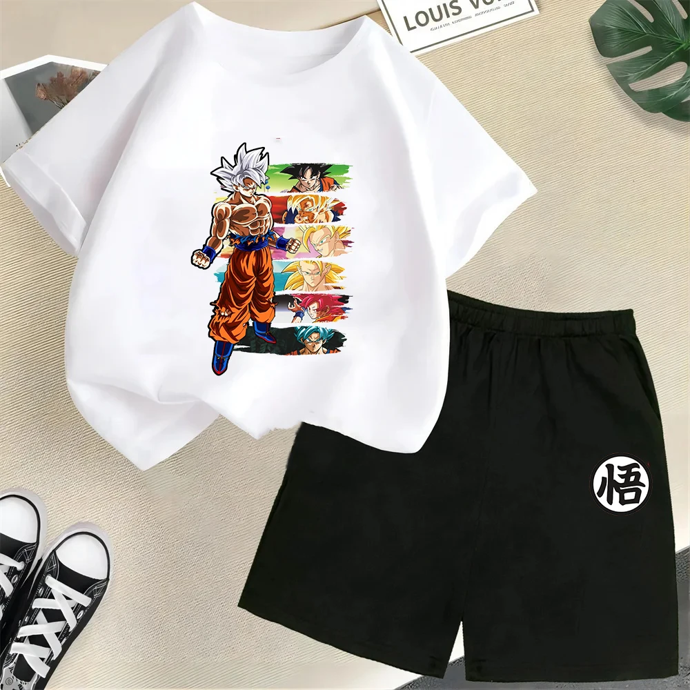 

2025 Anime Cool Goku Dragon Ball Z Boys CosPlay Short Sleeve Shorts with Pocket Beach Pants Breathable Cotton T-shirt Kids Suit