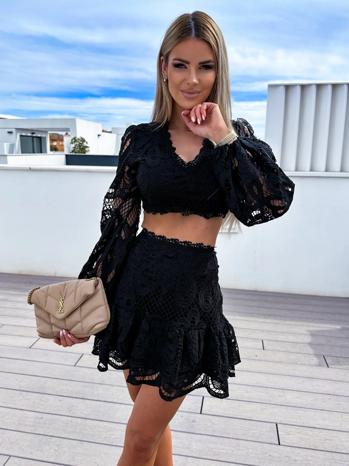 Sexy Hollow Out Lace Patchwork Skirts Two Piece Set Women Solid Color Slim Cropped Top A-line Short Skirt 2 Piece Sets Female