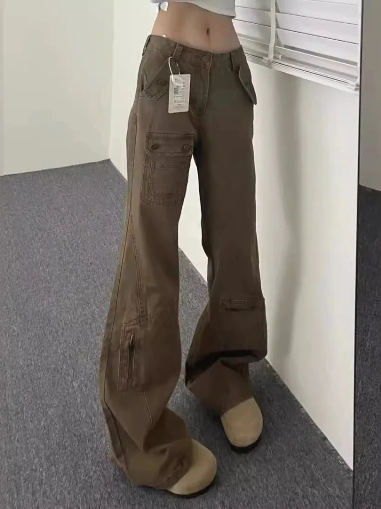 Jeans cargo retrò Jeans lavati kaki con fondo a campana Donna Estate American Streetwear Pantaloni elasticizzati slim larghi Jeans denim versatili