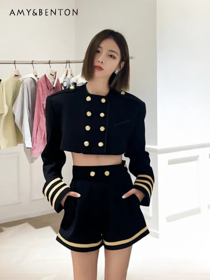 Temperament Ladies Black Double-breasted Suit Women Spring Autumn High-end High-waisted Short Coat Short Graceful Two-piece Set