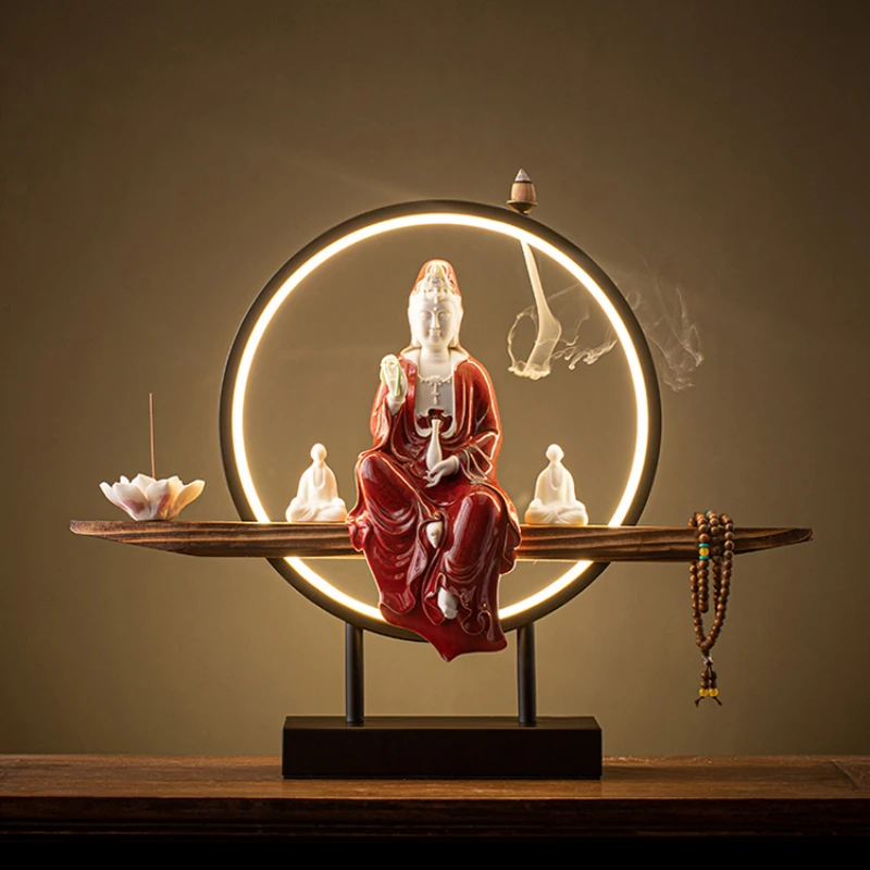 Led Waterfall Backflow Incense Burner With Led Ring Ceramic Guanyin Buddha Incense Burner Holder Porta Incenso Buddhist Supplies