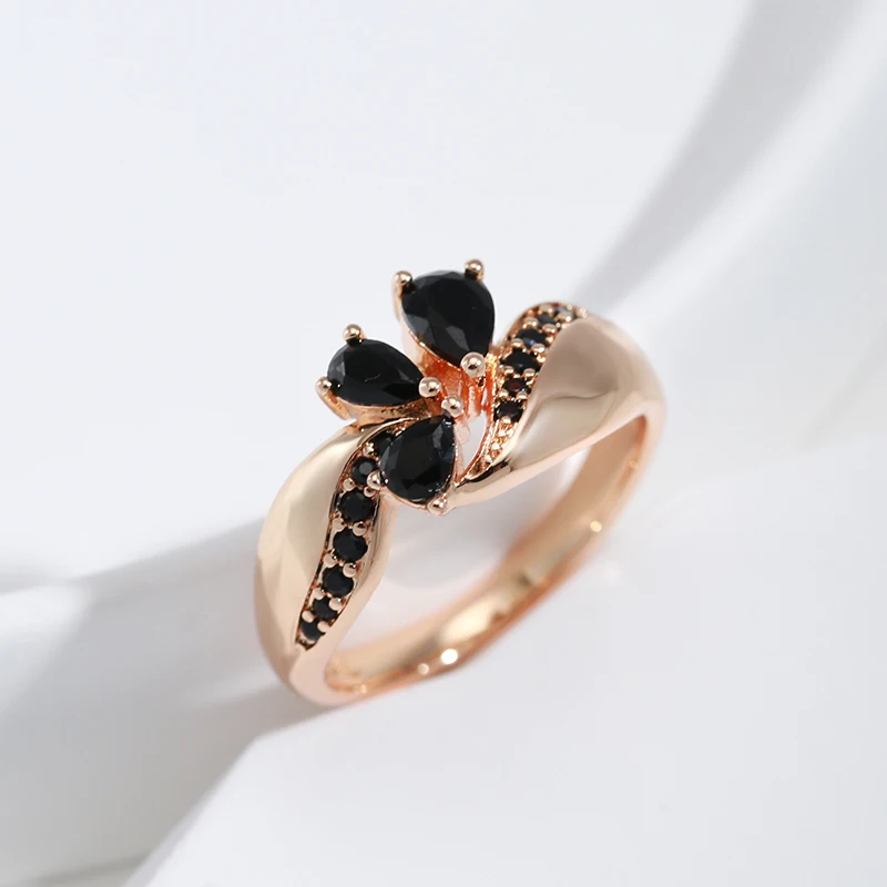 Kinel Hot Black Natural Zircon Ring for Women Fashion 585 Rose Gold Color Crystal Flower Bride Ring Daily Fine Vintage Jewelry