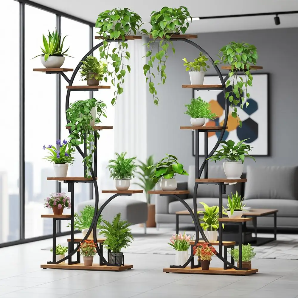 

9-Tier Indoor Corner Plant Stand with Grow Lights, 66 Tall Metal Holder, Multi-Level Display, Ideal for Living Room, Patio, or B