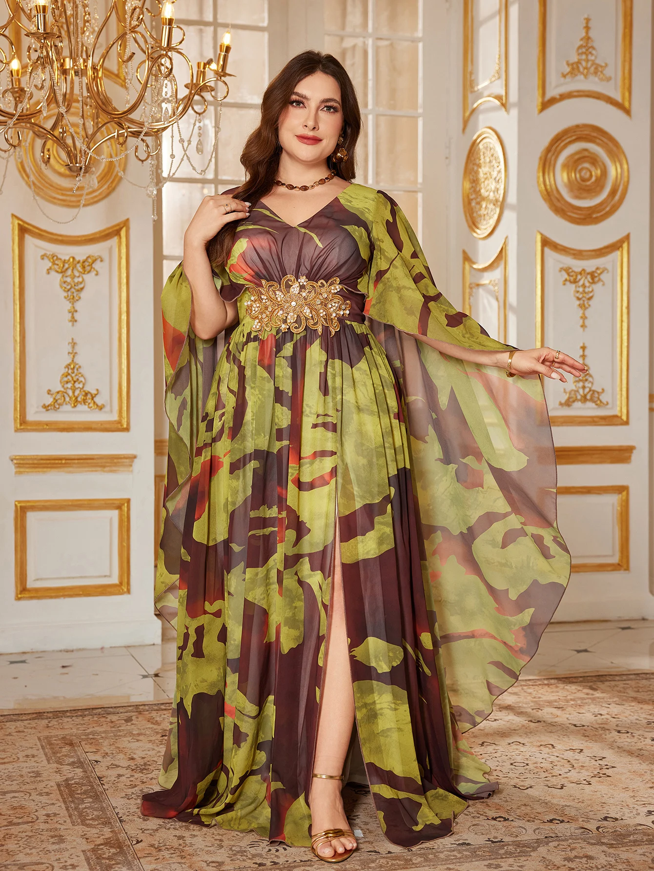 

UNITHORSE Plus Sweetheart Neck Peplum Sleeve Appliques Slit Hem Evening Gown