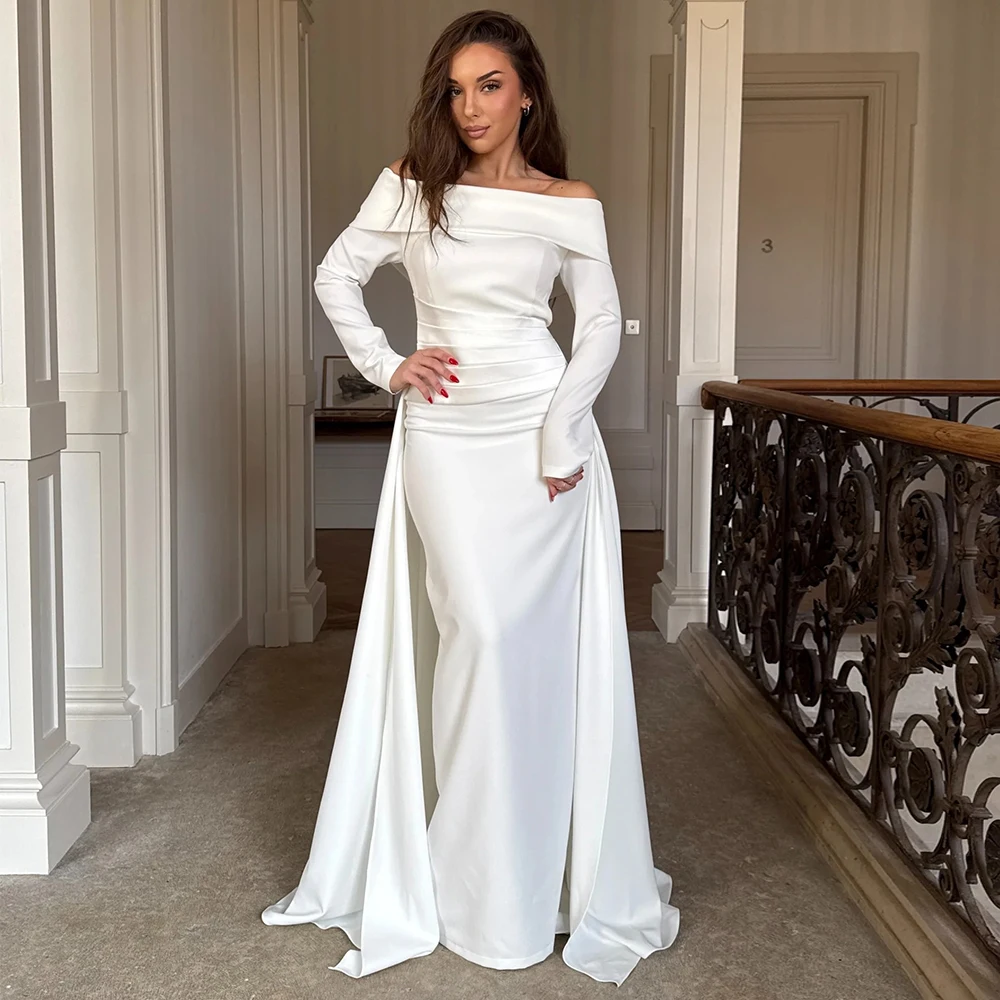 

Romantic Off the Shoulder Sheath Wedding Dress for Women Saudi Pleats Long Sleeved Jersey Sweep Train Bridal Gowns Customized