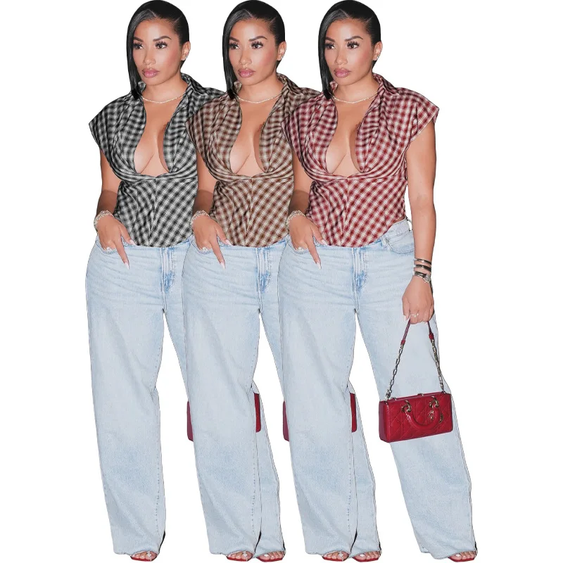 Tops Women Deep V Neck Sleeveless Shirt Y2k Streetwear Plaid Elegant Casual Work Tight Waist Slim Fit Sexy Shirts 2026 Summer