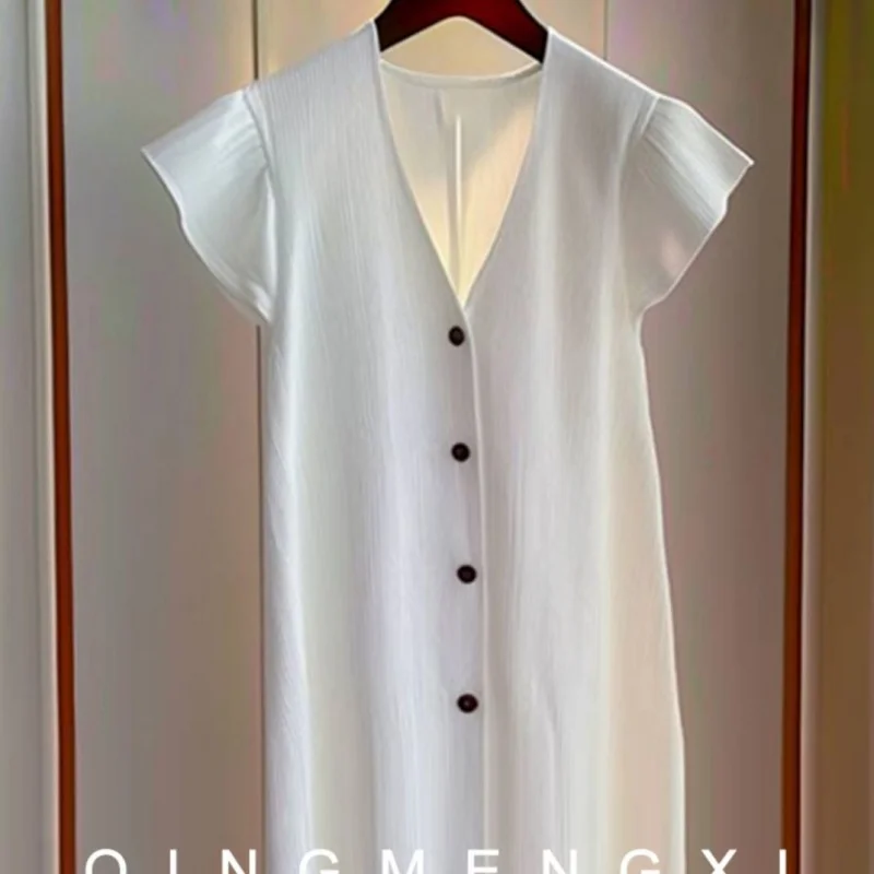 夏春白 V ネックドレス女性韓国ファッションフライングスリーブシングルブレストストレート Vestidos ルーズカジュアルミディドレス