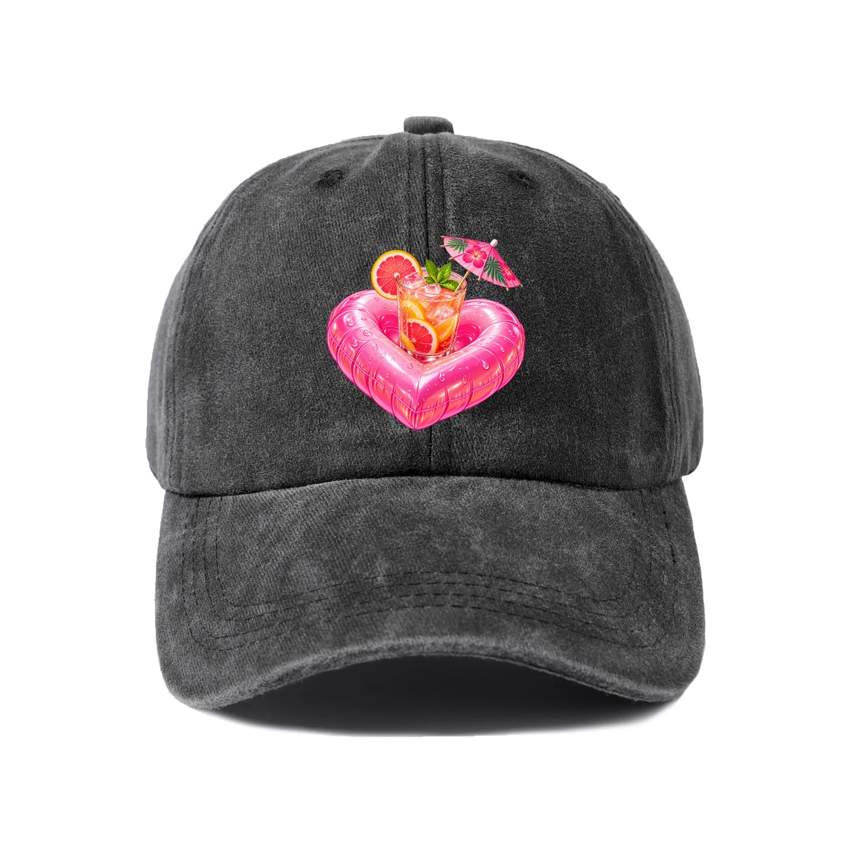 Pool Float Cocktail Graphic Vintage Washed Baseball Cap, Adjustable Unisex Dad Hat, Casual Gift