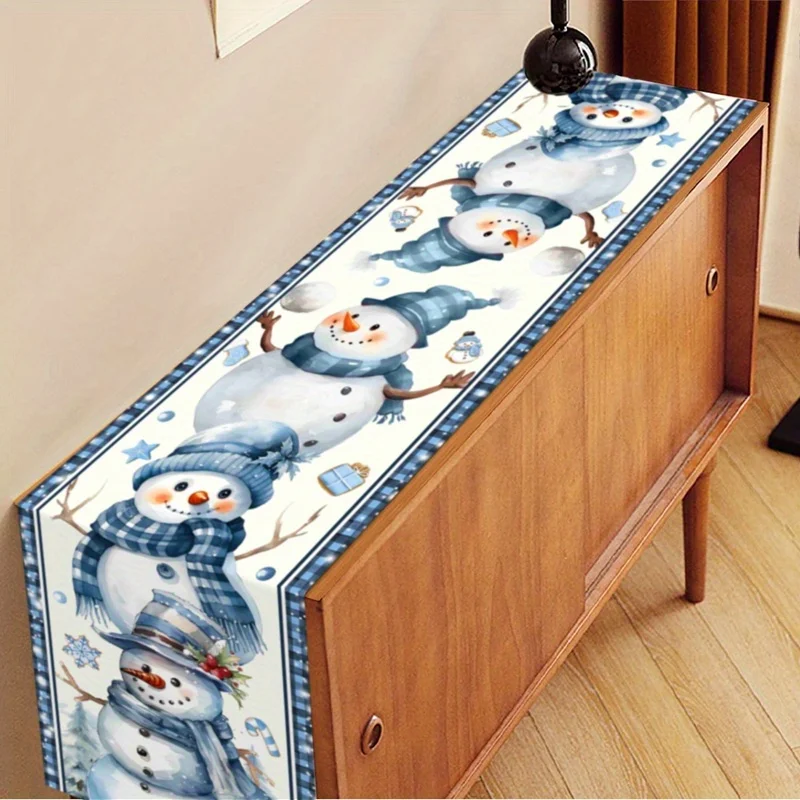 Christmas Blue Snowman Linen Table Runner Holiday Wedding Party Decor Xmas Snowflakes Plaid Table Runners Christmas Decorations