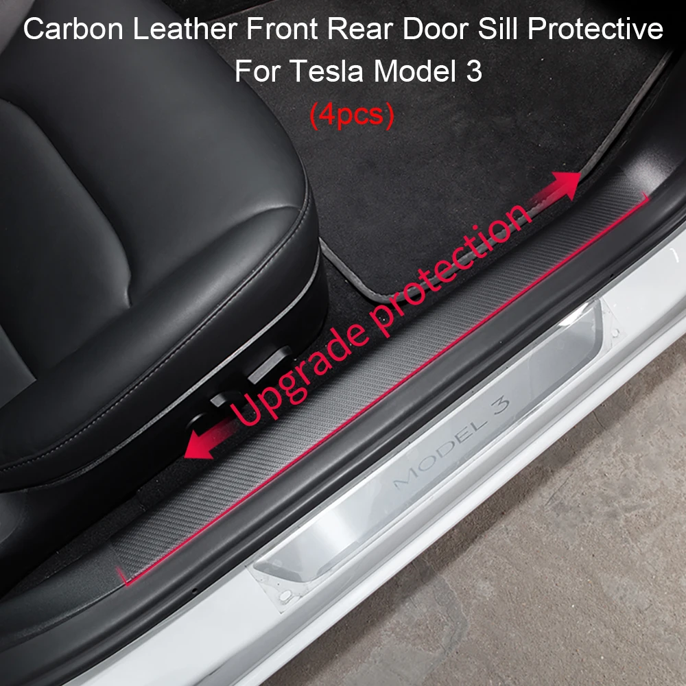 Car Carbon Fiber Leather Front Rear Door Sill Protective For Tesla Model 3 2016-2024 4PCS