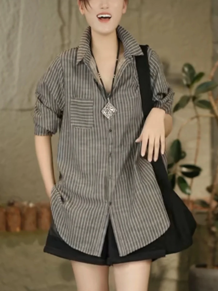 

Весна 2024, женский длинный све в полоску, гонконгский Sle, винтажный повседневный свободный топ для поездок на работу, простой прямой крой Pol...