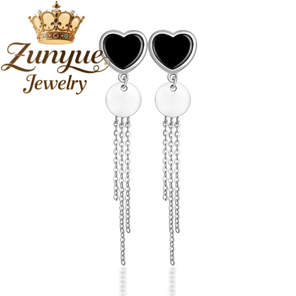 

Natural A-Grade Jade S925Silver Inlaid With Black Jade Heart-Shaped Tassels Earrings A Fashionable Women's Earrings Fine Jewelry