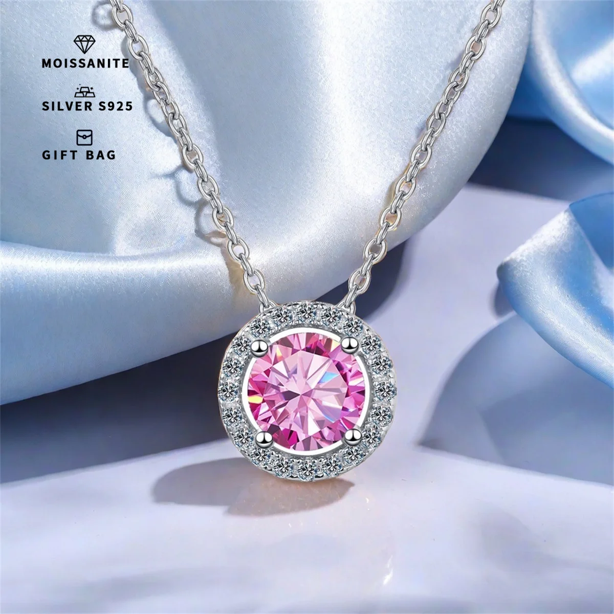 S925 silver plated platinum 0. 5ct/1ct/2CT Men's & Women's pendant inset round Pink GRA moissanite chain luxury jewelry gifts