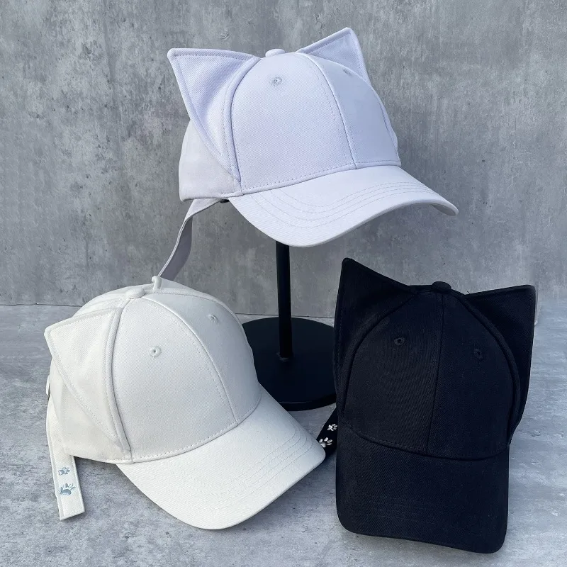 Women's Spring Summer Cute Cat Ear Baseball Cap Long Tail Slim Face Hat