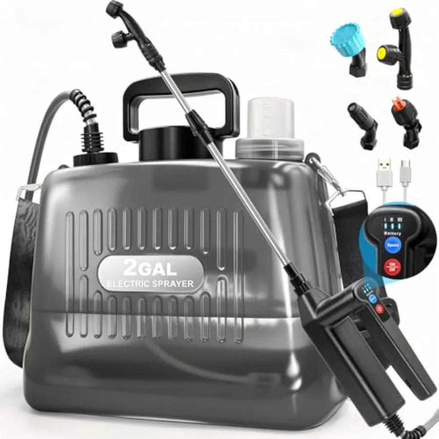 

Battery Powered Sprayer 2 Gallon, Electric Weed Sprayer with 3 Adjustable Pressure Levels, 4 Nozzles and Extendable Wand, Recha