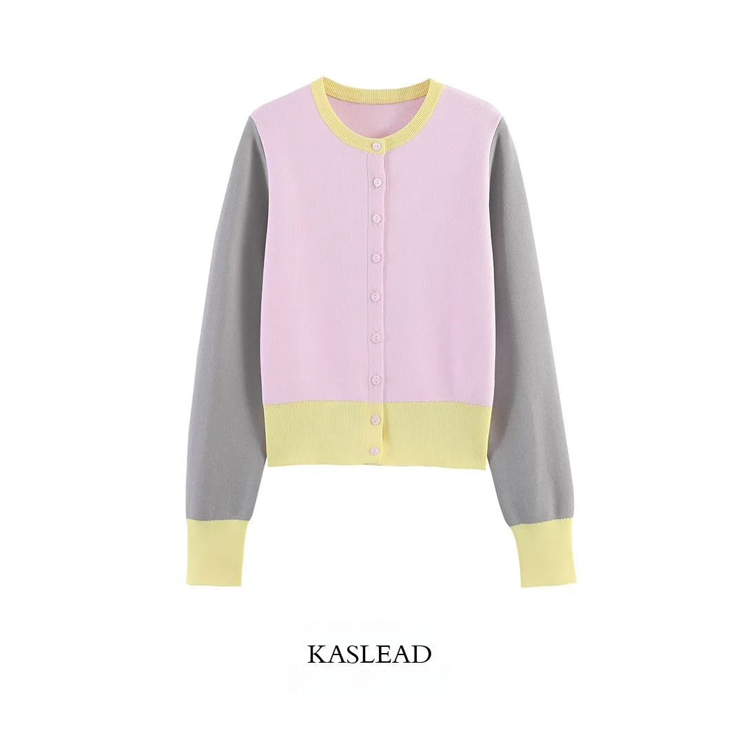 KASLEAD New Fashionable Color Block Knitted Jacket Women's Long Sleeve Polyester Fiber Open Cardigan Style Spring 2026