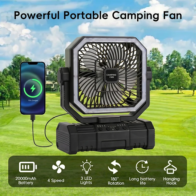 20000mAh Camping Ceiling Fan Rechargeable Battery Powered Portable Fan with Hanging Hooks LED Lantern & Remote for Outdoor Tent
