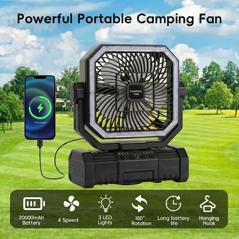 Ventilador de Teto para Camping 20000mAh, Ventilador Portátil com Bateria Recarregável, Ganchos para Pendurar, Lanterna LED e Controle Remoto para Barraca Externa