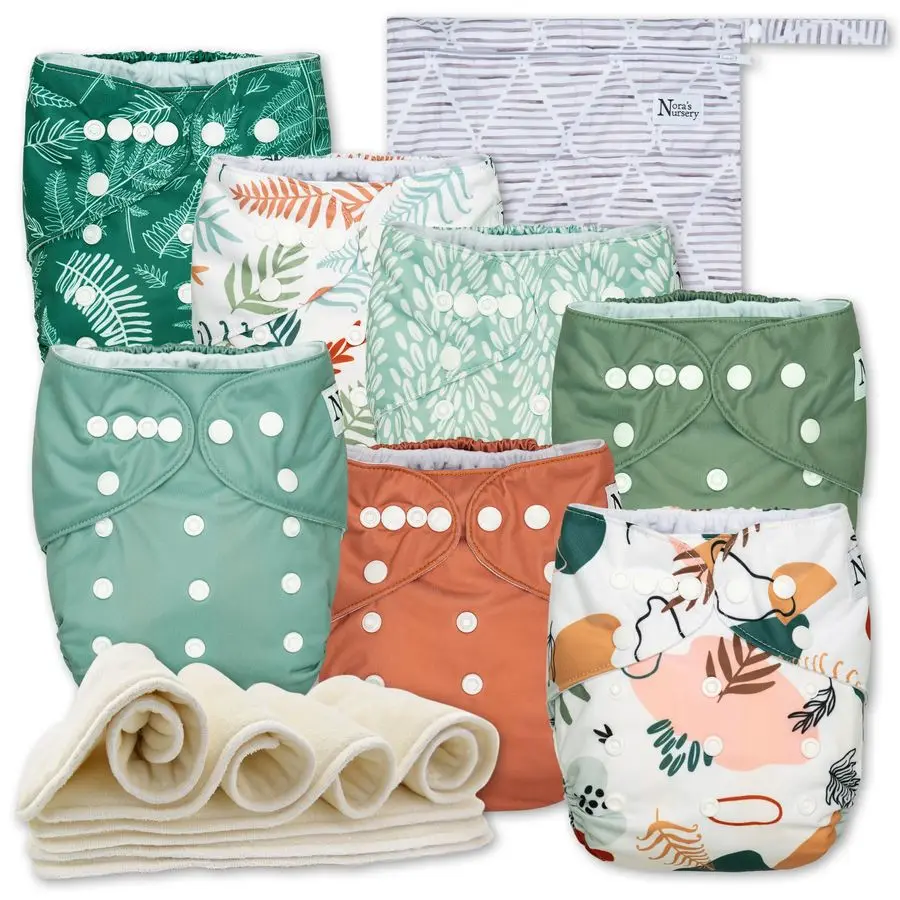 

Nursery Cloth Diapers 7 Pack with 7 Inserts amp 1 Wet Bag Waterproof Cover, Washable, Reusable amp One Size Adjustable Pocket Di