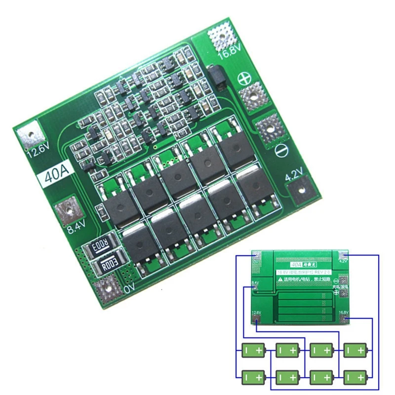 Placa do PWB do carregador da bateria do lítio do Li-íon, módulo da proteção de BMS para o motor da broca, 14.8V, 16.8V, Lipo Cell, 4X, 4S, 40A, 18650