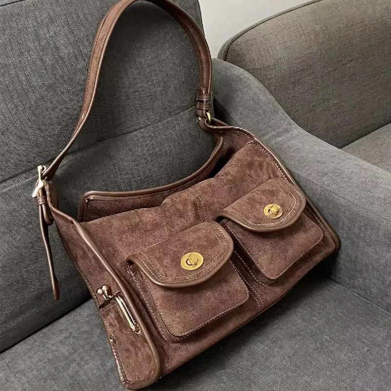 

2026 Women Vintage Large Capacity Suede Single Shoulder Bag Casual Commuter Suede Underarm Bag Polyester Lining Zipper Closure