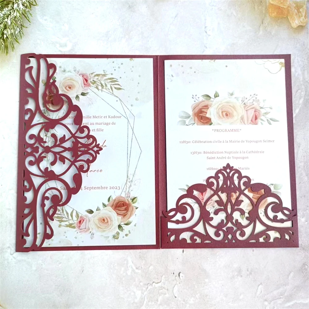 

Burgundy Winter Wedding Invitations Tri Fold Laser Cut Pocket Envelope Customized Invites Printing 50 Sets