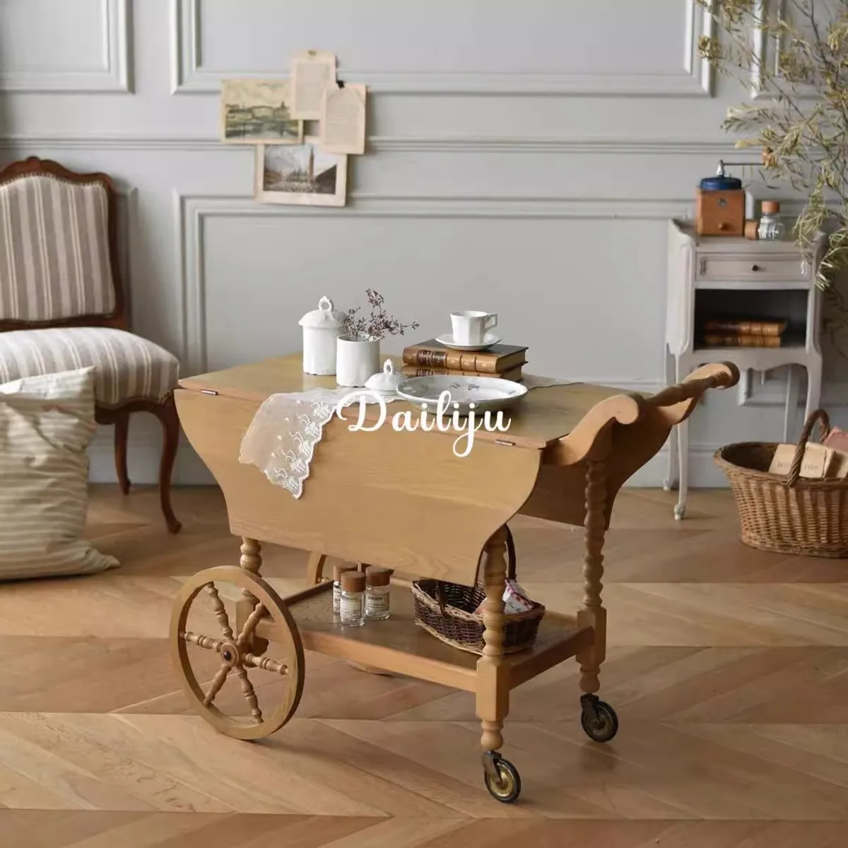 LH antique mobile dining car solid wood retro side table household removable coffee table