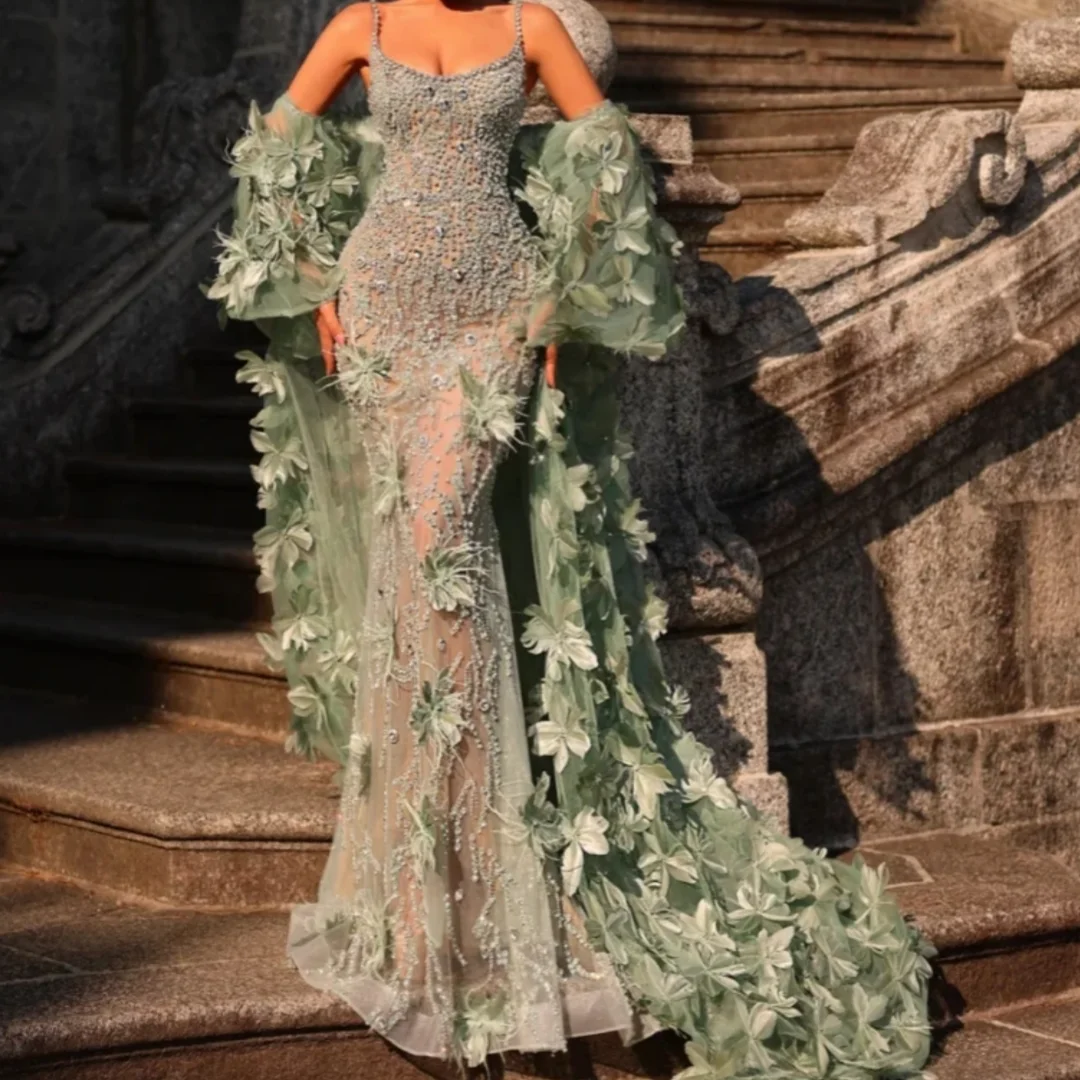 Luxurious Prom Dresses Dazzling Beaded 3D Flower Evening Dress With Shawl Illusion Mermaid Long Wedding Party Gown Customized