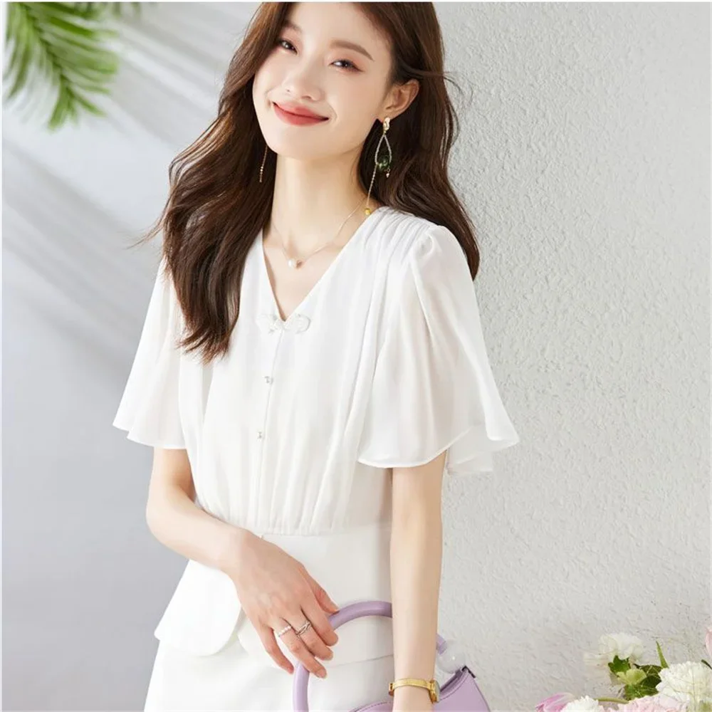 Damesblouse Nieuwe zomer V-hals chiffon overhemd met korte mouwen Chinese stijl Vintage tops Koreaanse mode vrouwelijke shirts