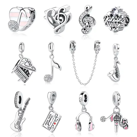 Abalorios de plata de ley 925 con cuentas originales, notas musicales de amor, Piano, auriculares, pulseras de marca, collares, joyería para mujer