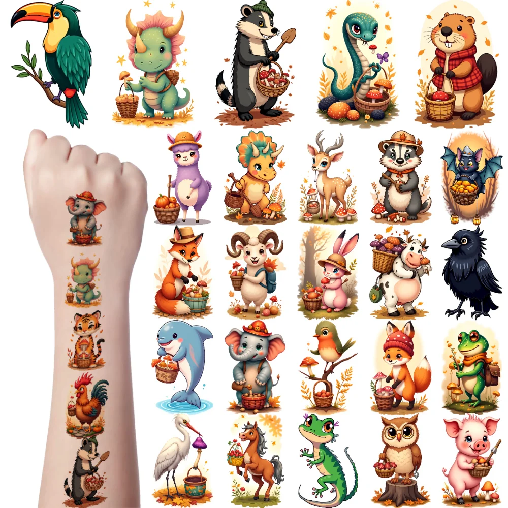 

54 шт., временные татуировки, наклейки с животными, временные татуировки, наклейки, осенние мультяшные водонепроницаемые долговечные наклейки на тело для