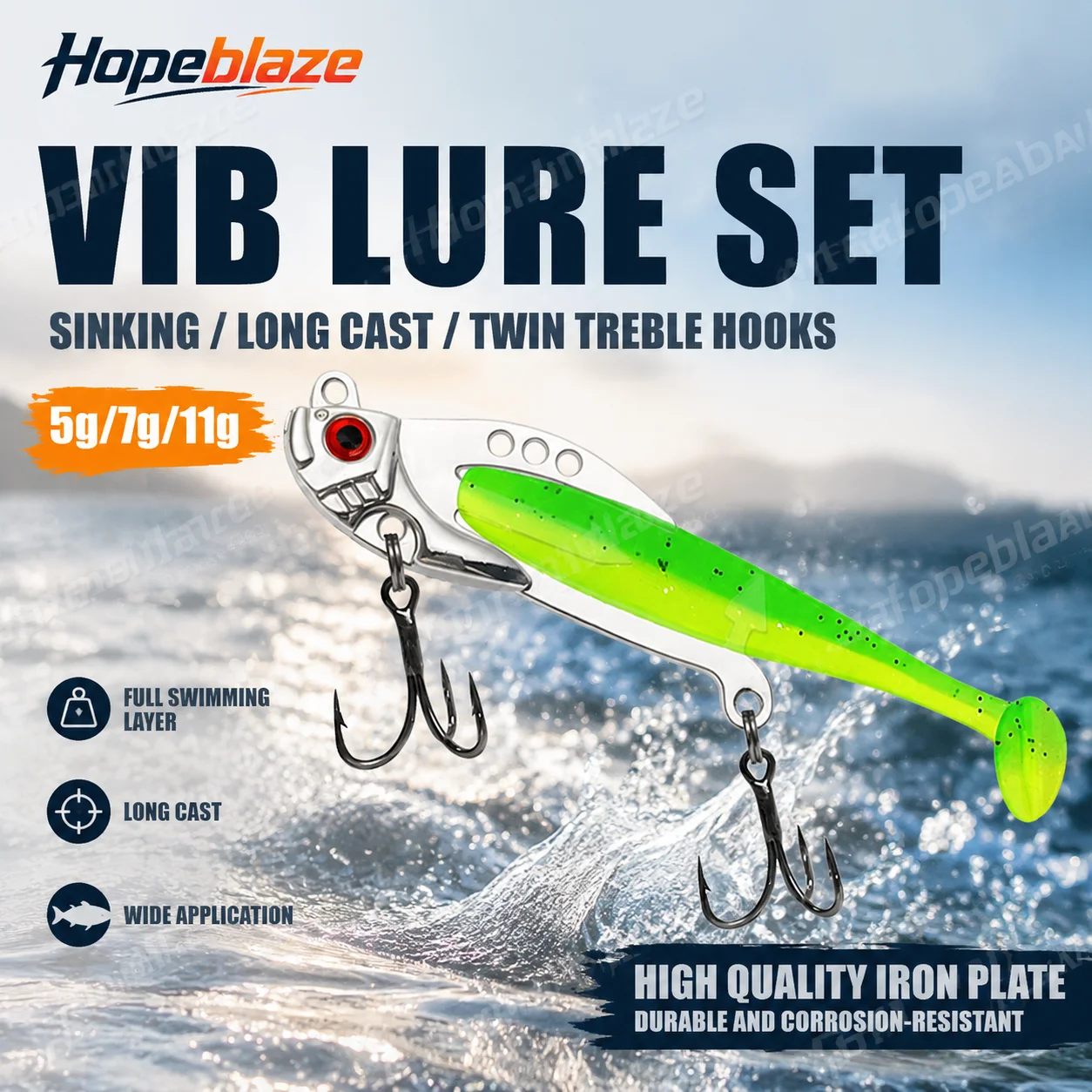 Hopeblaze T-Tail VIB Fishing Lure Dual Vibration System Removable Soft Tail 3 Holes Modes for Bass Pike Walleye Perch Trout