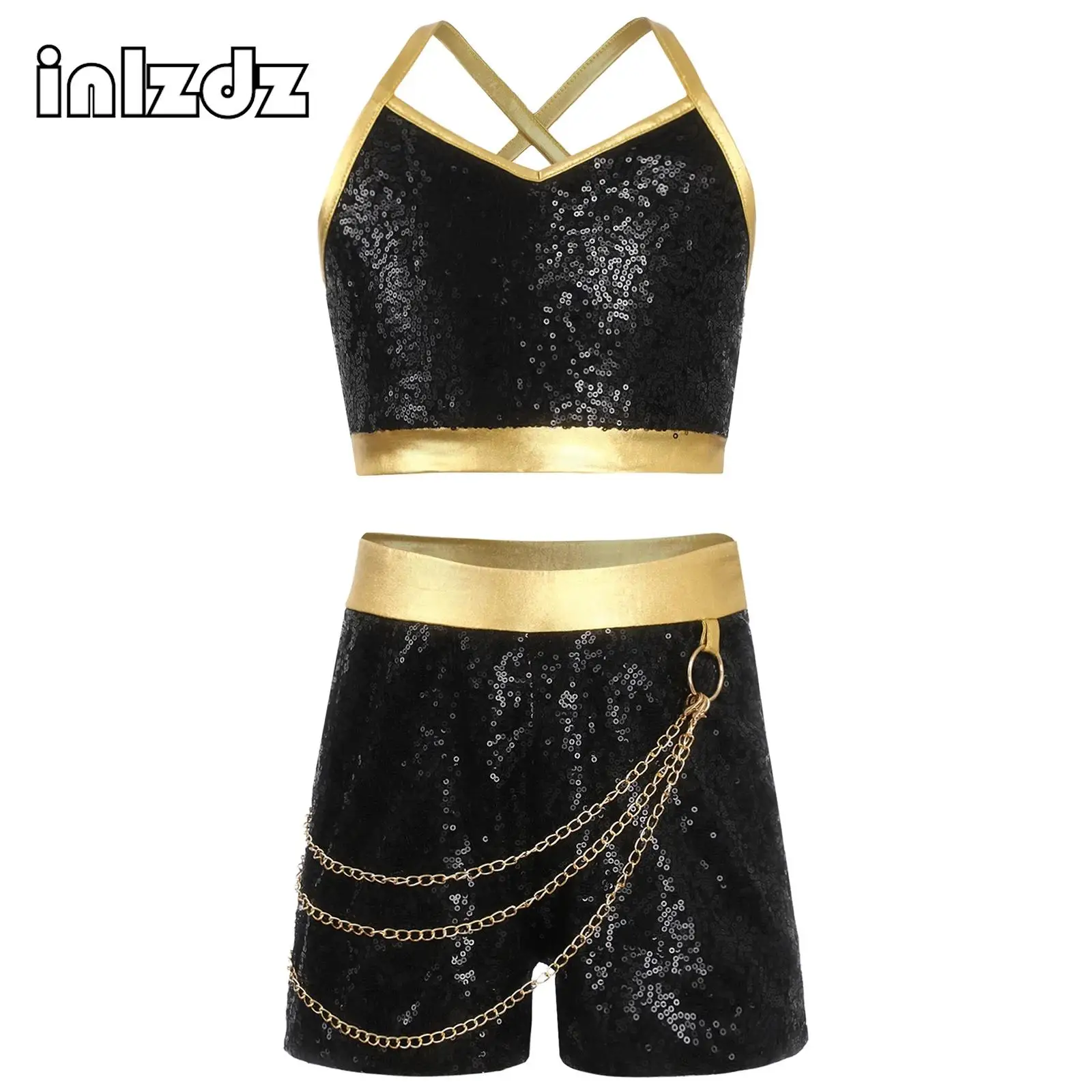 

Girls 2Pcs Demon Popular Singer Outfits Halloween Cosplay Metallic Sequins Vest+Metal Chain Shorts Set for Stage Performance
