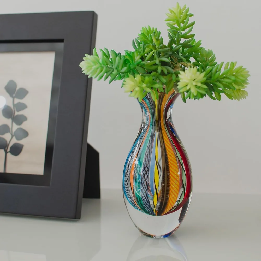 مزهرية زجاجية بوهيمية مصنوعة يدويًا مع زجاج فني ملون مستوحى من مورانو، موديل 2