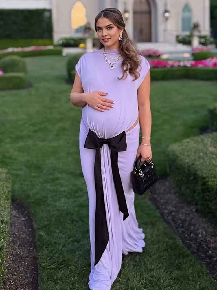 فستان أنيق للتصوير الفوتوغرافي للأمهات برقبة عالية بدون أكمام فستان ماكسي مع ربطة عنق للحمل والتقاط الصور وحفلات استقبال المولود الجديد #1