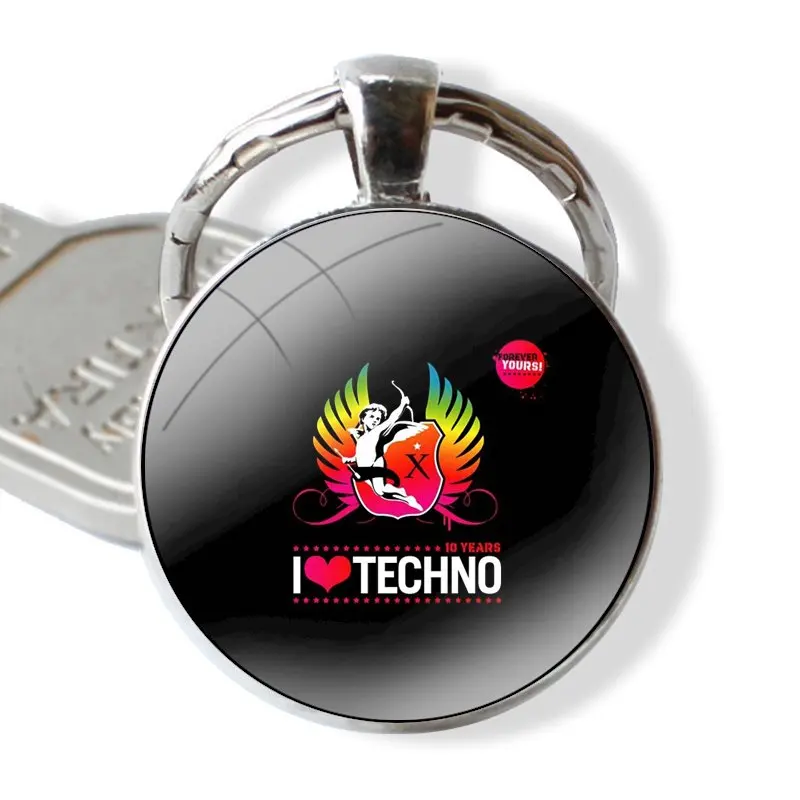 I Love Techno Keychain Handmade Glass Cabochon Key Ring Holder Pendant Key Chains