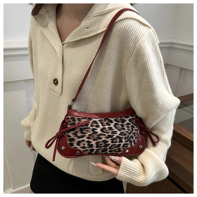 Neue Achselhöhle Tasche Trendy Schulter Tasche für Frauen Süße Doppel Bogen Handtasche Damen Tasche Retro Mode Weibliche Leopard Print Schulter Tasche – Detail 23
