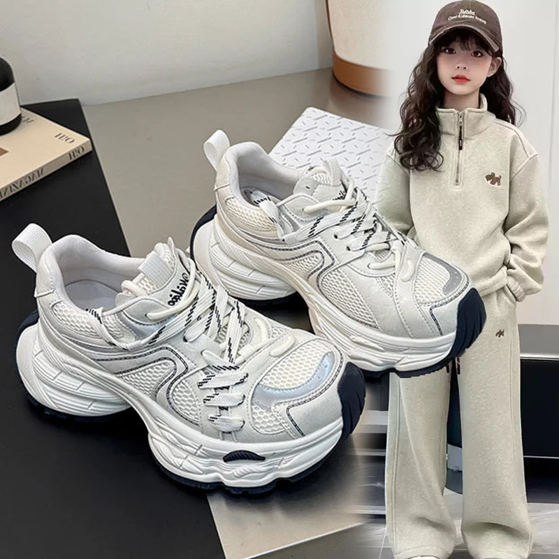 Little Girls Platform Mesh Sneakers 2026 New Winter Kids Barefoot Sneakers Soft Sole Breathable Versatile School Outdoor Play