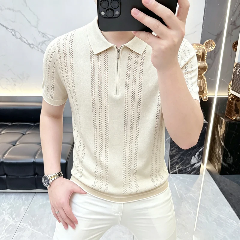 2026 Summer Men's Short-Sleeved T-Shirt - New Texture Knitted Stripes Collar Shirt - Men's Luxury Lightweight Slim-Fitting Top