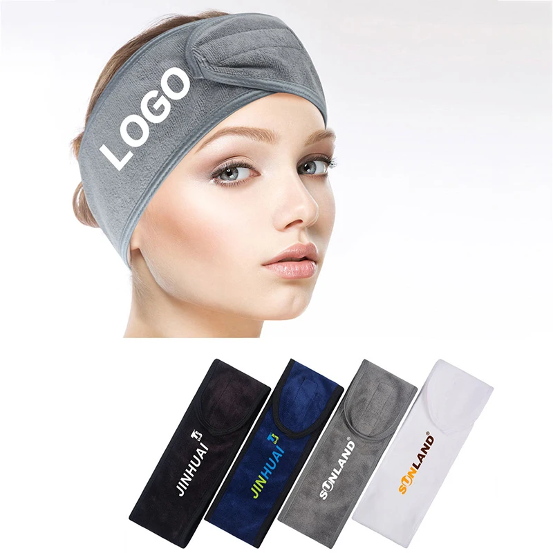 150pcs Custom Logo Embroidery Makeup Spa Hairband With Magic Tape Beauty Headband Facial Headbands Hair Wrap Microfiber Cotton