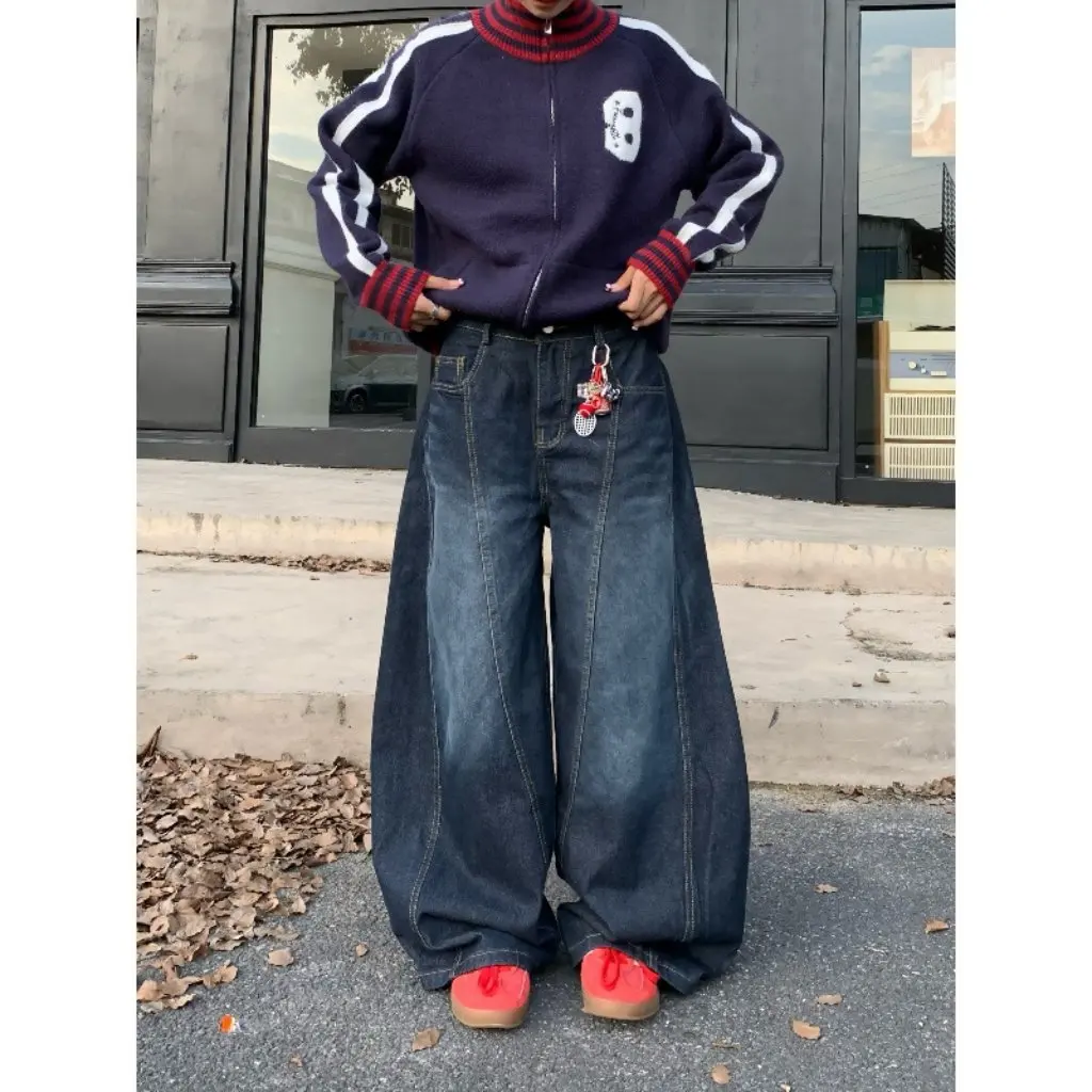 

Отличительные широкие джинсы, свободные синие брюки, осенний новый дизайн, нишевые брюки-мачете, модный бренд, женская мода