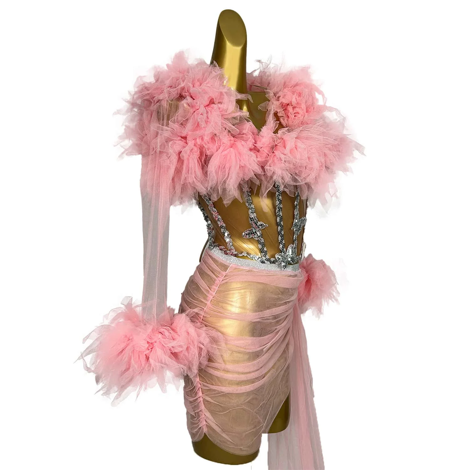 Roze Mesh Pailletten 3 Stuks Set Jurk Cheerleading Lasvega 'S Showgirl Dragen Charmant Zie Drag Queen Outfit Sexy Podiumkleding Xinshen