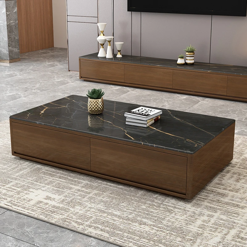 

Modern Simple Design Rock Board Sedentary Tea Table Solid Wood Living Room Center Household Rectangular Cabinet Home Furniture