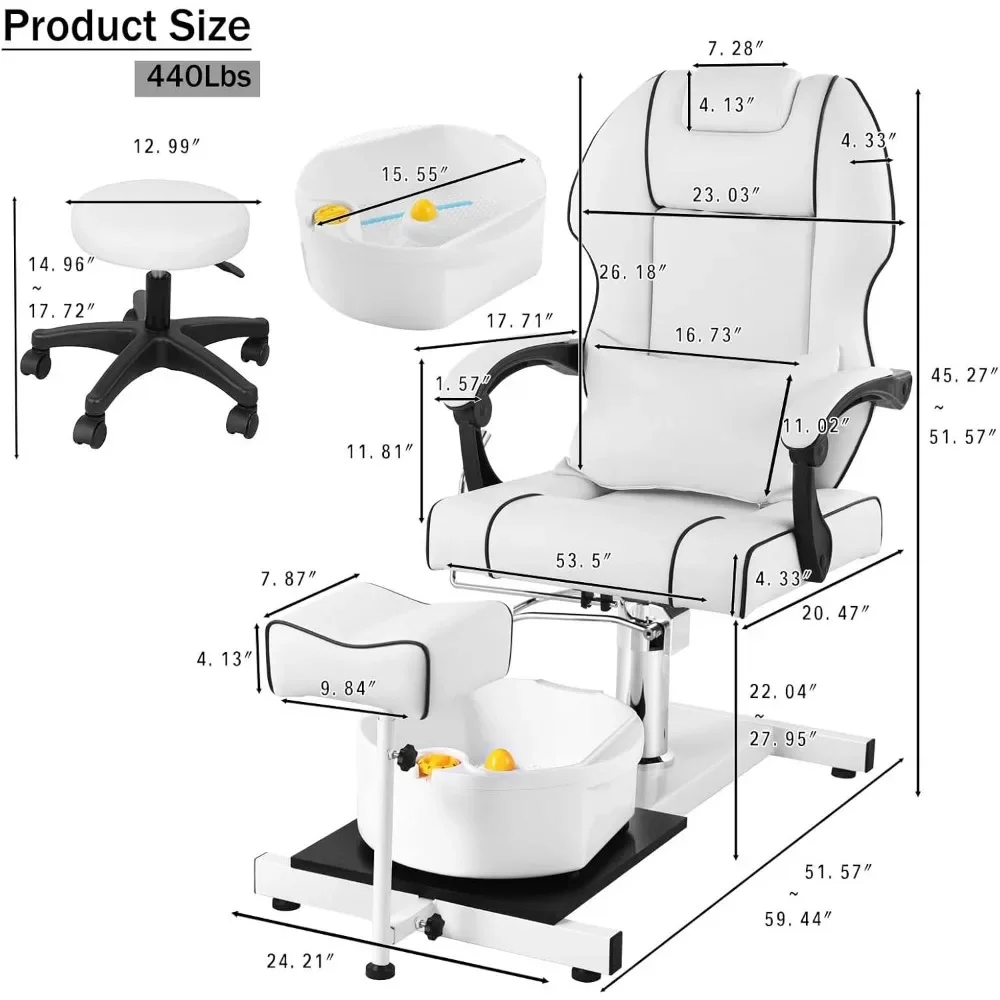 Kursi Pedikur dengan Mandi Kaki Pijat Gelembung, Kursi Pedikur Angkat Hidraulik Tanpa Pipa, Tinggi Dapat Disesuaikan, Kursi Putar 360