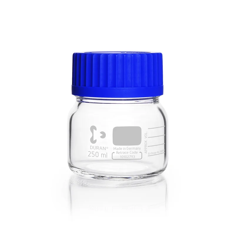 DURAN® GLS 80® Laboratory Bottle, wide mouth, clear, with GLS 80® thread, graduated, with screw cap and pouring ring