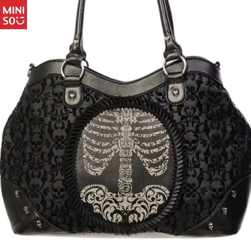Miniso Gothic Lolita Skeleton Print Bag, Vintage Lace Flocking Crossbody, Dark Punk Shoulder Purse