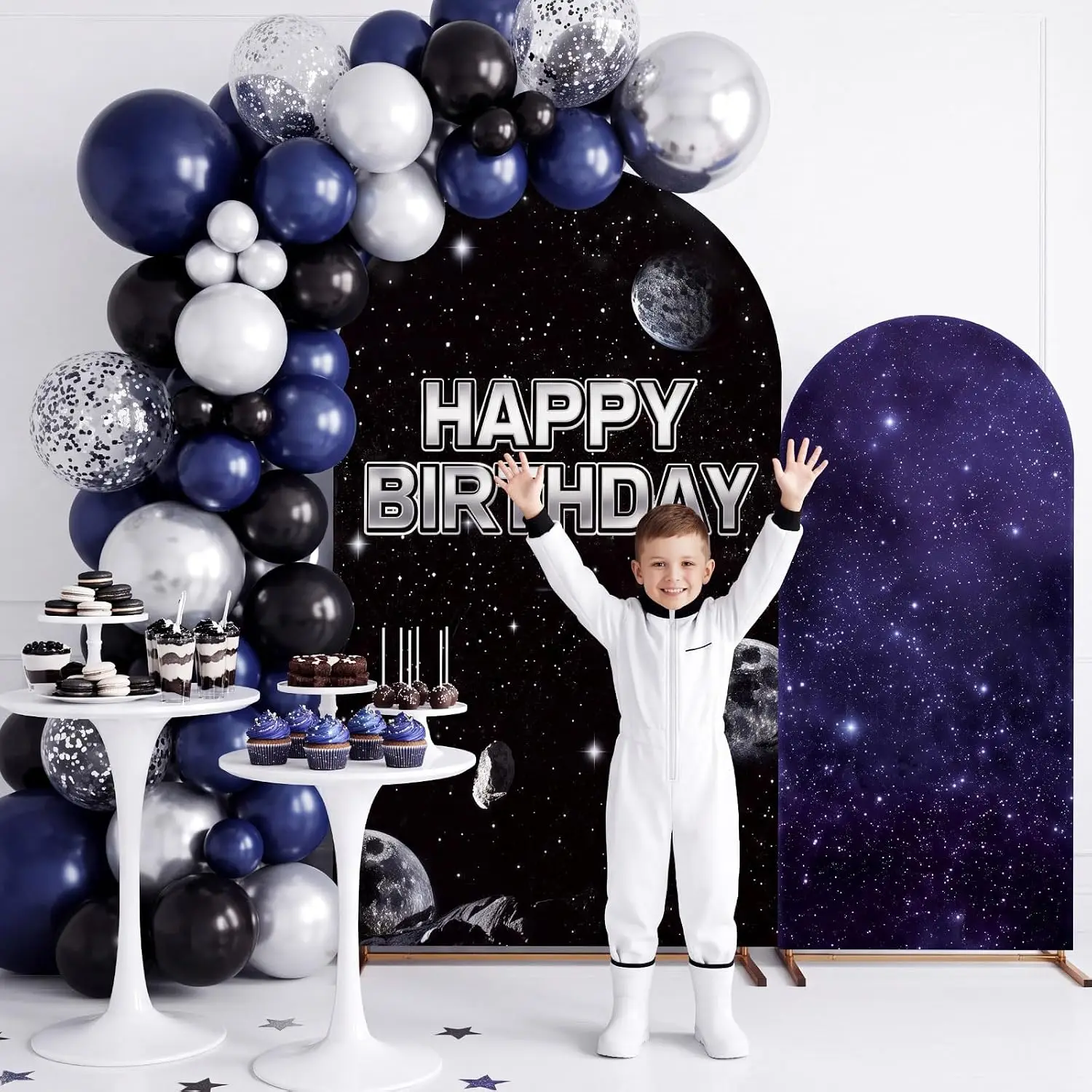 Space Battleship Wars Arch Backdrop Cover Happy Birthday Party Background Deep Black Meteorite and Dreamy Blue Galaxy Photoshoot