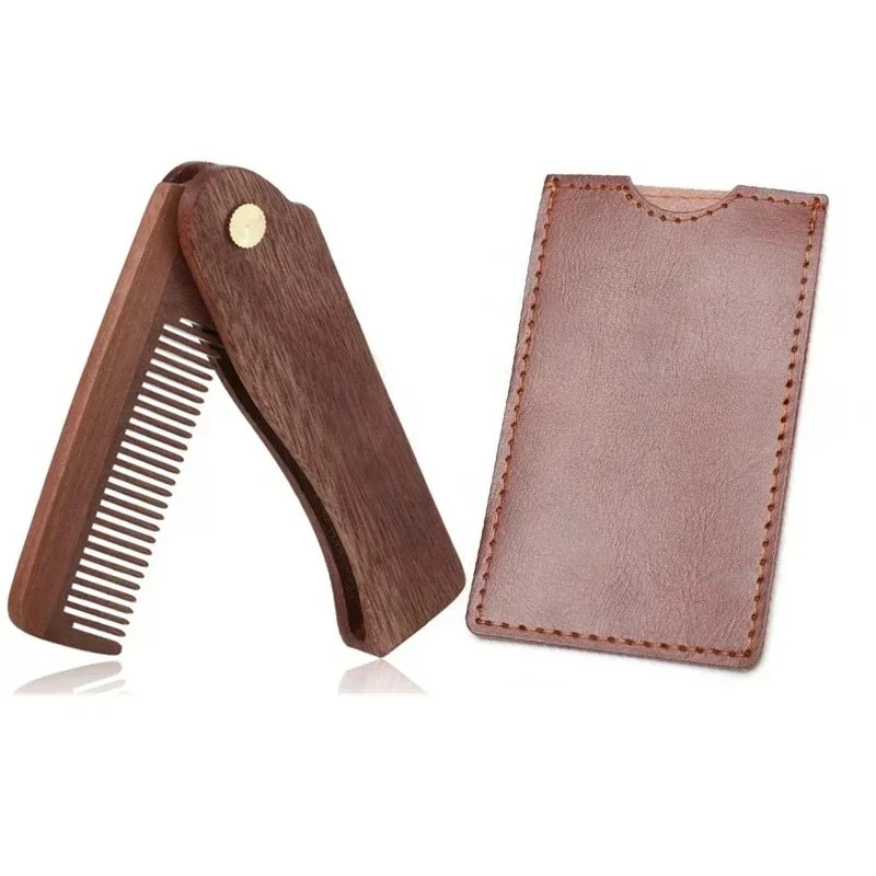 

Мужская карманная расческа Складная деревянная расческа для бороды с кожаным футляром Набор расчесок для волос из сандалового дерева для мужчин идеально подходит для использования с бальзамом для бороды