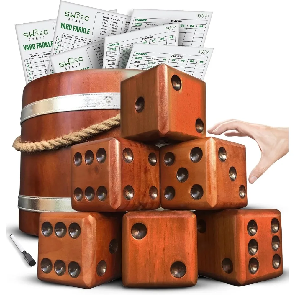 Games - Yardzee, Farkle & 20+ Giant Dice Games (All Weather) Yard Dice with Wooden Bucket, 5 Scorecards & Marker