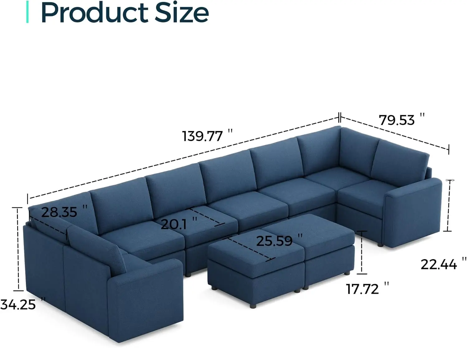 Oversized Modular Sectional Sofa Convertible Sectional Sofa Couch with Memory Foam and Storage Sofa Covers Removable Blue